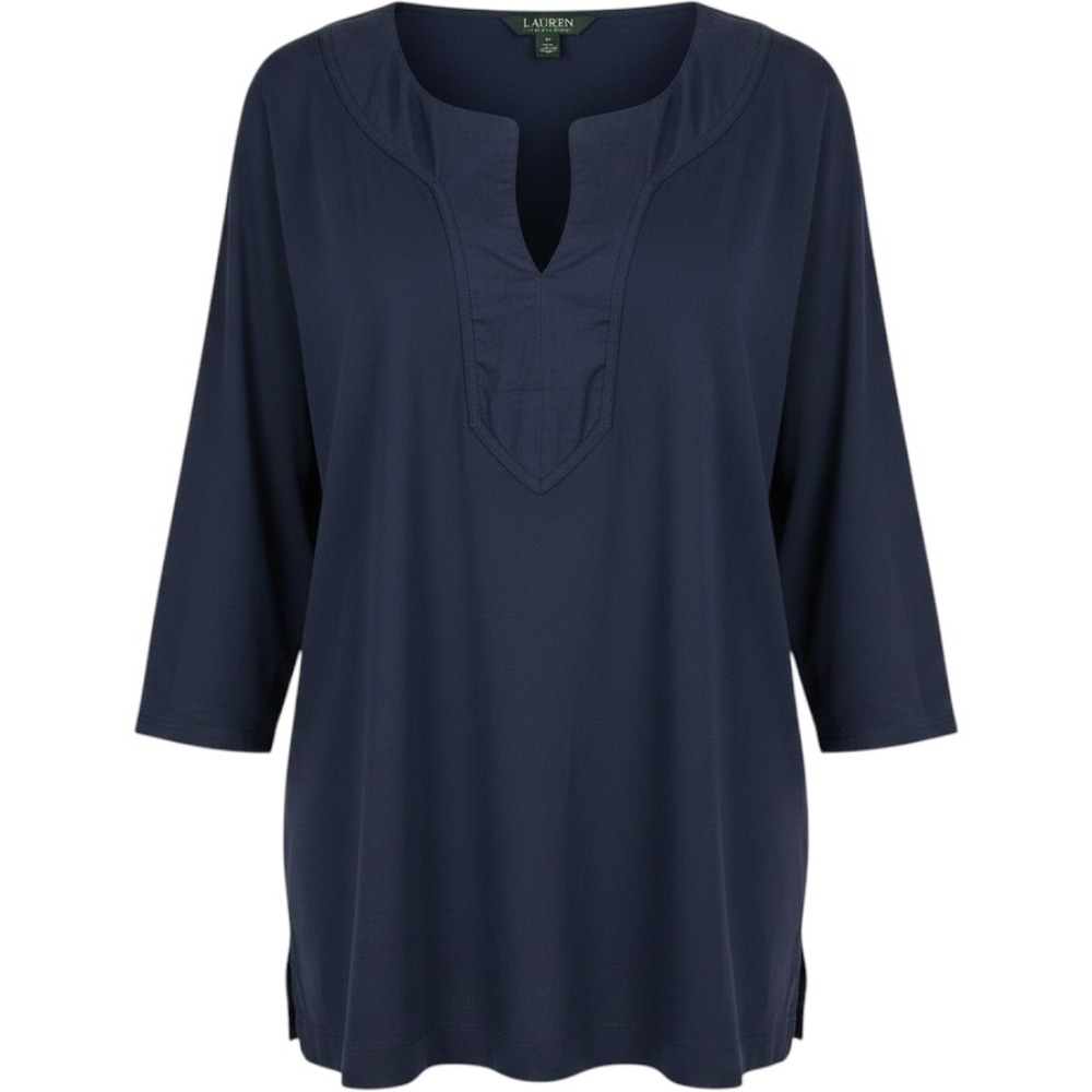Lauren Ralph Lauren Navy Blue Cotton Notched Neck 3/4 Sleeve Tunic Top 3X